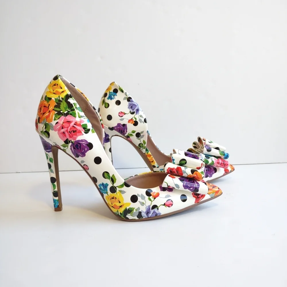 🌸 BETSEY JOHNSON Floral & Polka Dot Pointed Toe Bow Heels Size 7.5 - Picture 6 of 11